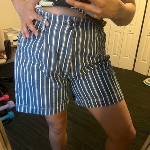 Denim pin stripe hi rise shorts.